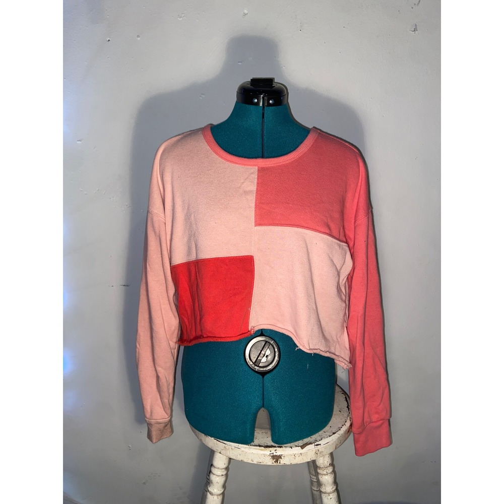 Pink Colorblock Cropped Sweater Patchwork Crewneck Raw Hem Kidcore Barbiecore
